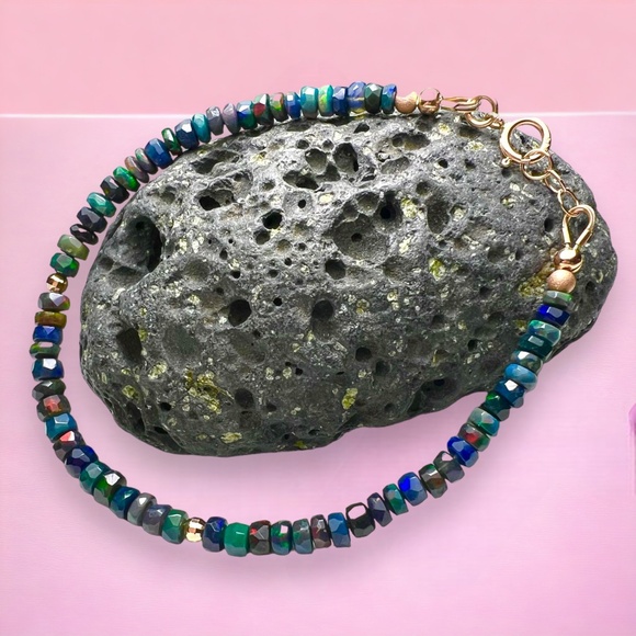 Handcrafted Solid 14k Rose Gold Natural Black Opal Bracelet 7.32" - 7.68" - Picture 2 of 9